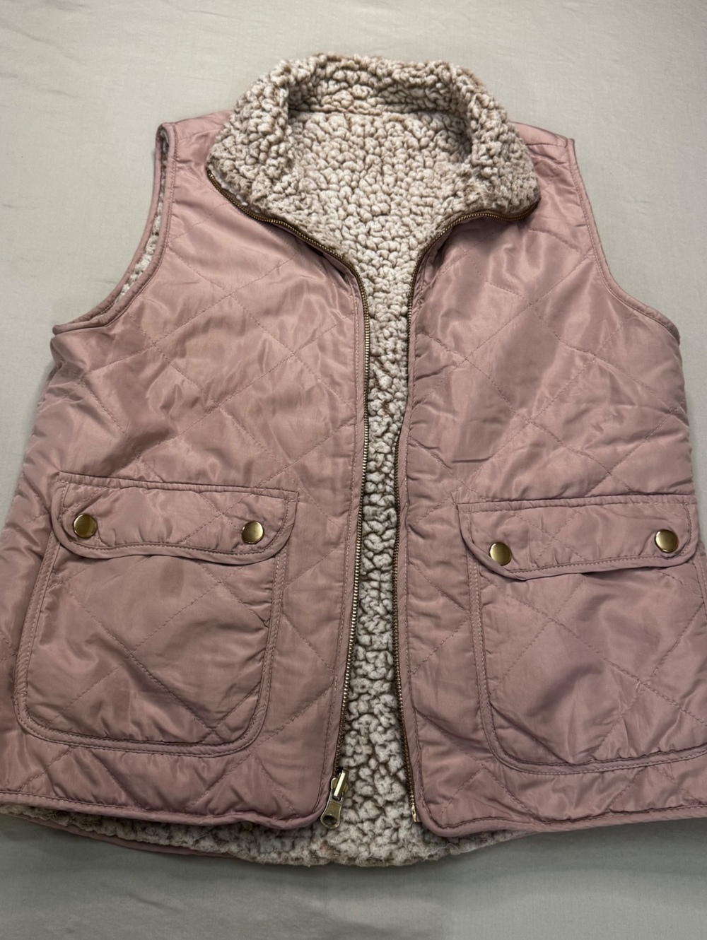 Reversible Sherpa Fleece Vest Pink Quilted Utility Y2K Boho Cozy L